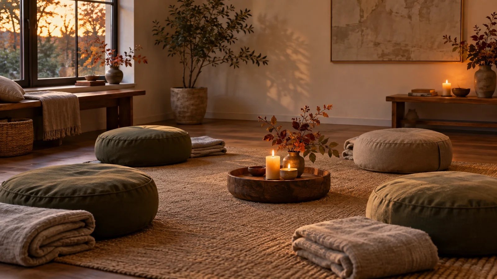 A warm candlelit room with sage meditation cushions arranged in a welcoming circle